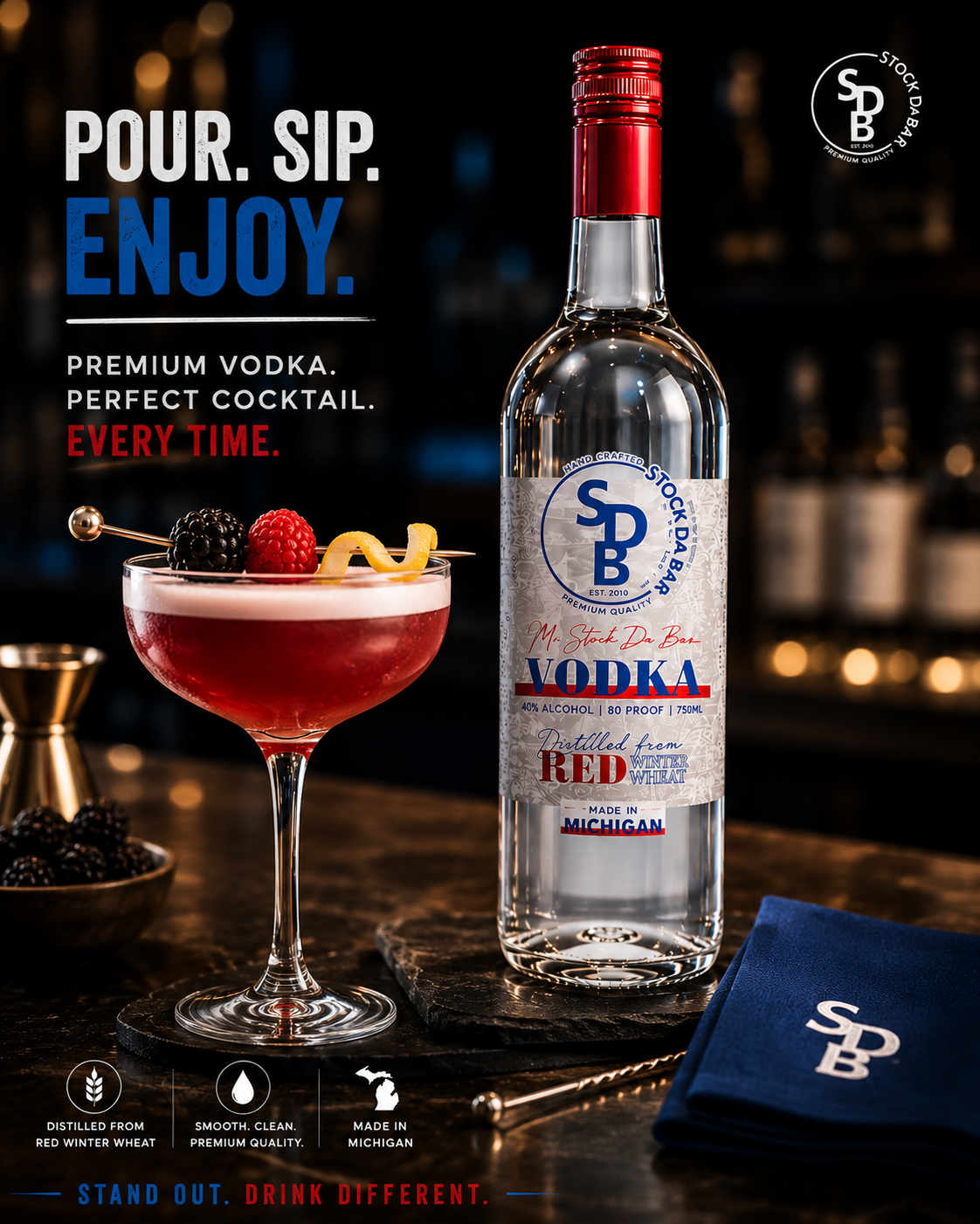 Promotional banner featuring a bottle of SD Stock Da Bar vodka beside a red cocktail, with the slogan 'Pour. Sip. Enjoy.' on a dark bar backdrop.
