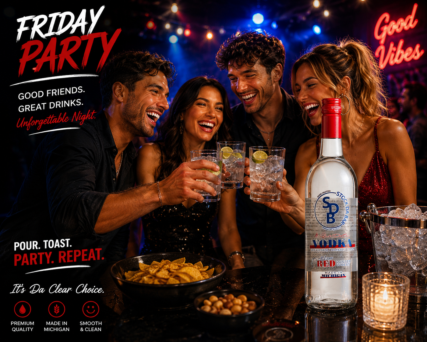 Group of friends toasting glasses at a lively bar, vodka bottle on the right and neon 'Friday Party' and 'Good Vibes' signs in the background.