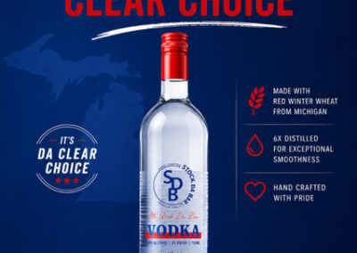 Advertising poster for Michigan's Clear Choice vodka: a clear bottle with red cap on a blue background, bold headline, highlights about Michigan wheat, 6x distillation, hand crafted, plus a QR code.