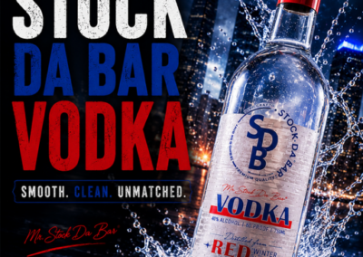 Bottle of Stock Da Bar Vodka tilted on ice with a night-city skyline and bold red–blue typography in the background.