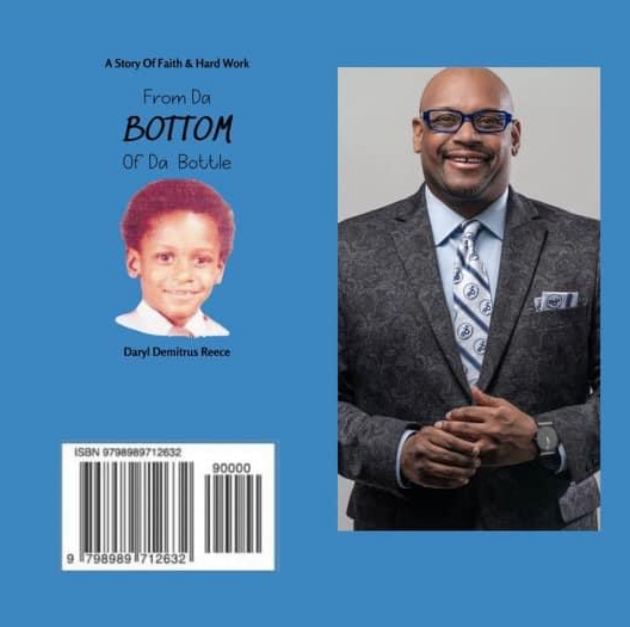 Blue book cover: left panel features a child’s portrait with the title 'From Da Bottom Of Da Bottle' and author name; right panel shows a smiling man in a gray suit, tied with a patterned tie, on a blue background plus a barcode at the bottom left.