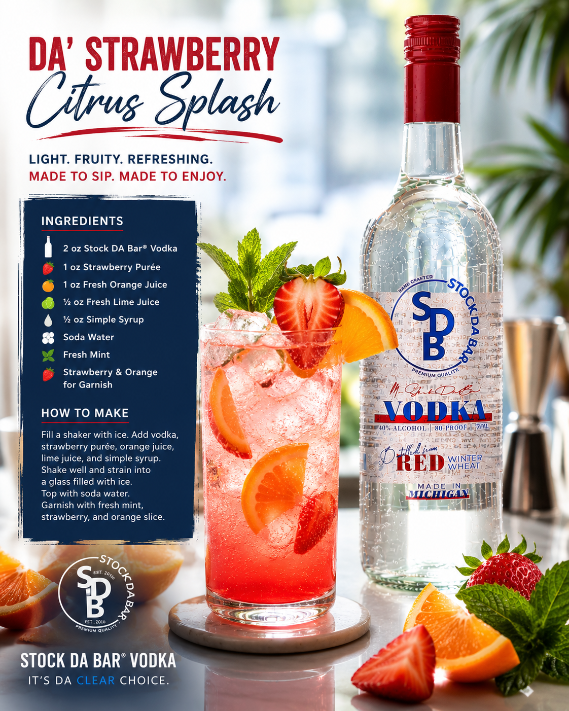 Stock Da Bar Vodka bottle beside a pink strawberry citrus cocktail with strawberry garnish and mint leaves, against a bright bar backdrop, plus an ingredients panel on the left.