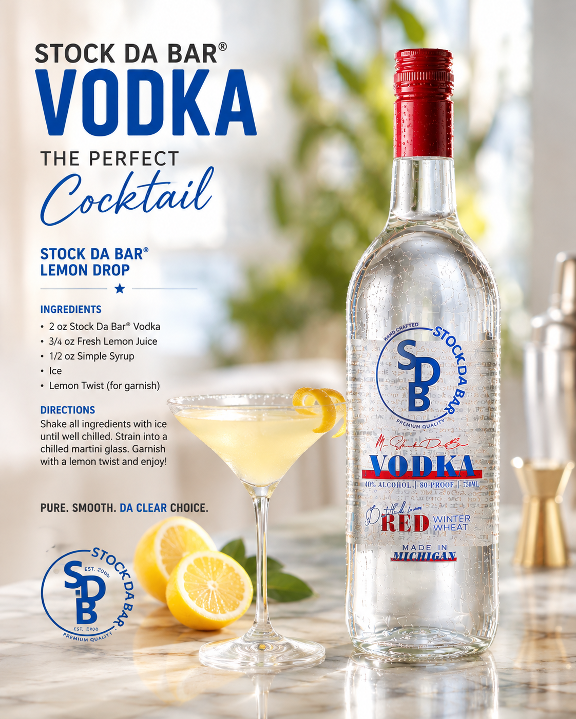 Bottle of Stock Da Bar Vodka with a pre-mixed Lemon Drop cocktail on a marble bar, sliced lemons nearby.